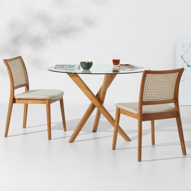 Imagem de Conjunto Mesa de Jantar Thai Redonda Vidro Incolor - 1,10m + 2 Cadeiras Amai Encosto Palha Larga - Areia