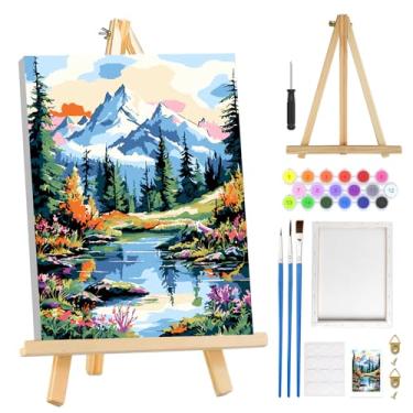 Imagem de MOGTAA Kit de pintura por números Mountains Lake para adultos iniciantes com moldura, kits de pintura de paisagem para adultos por números em tela com cavalete, kits de pintura a óleo DIY fáceis para