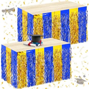 Imagem de Oudain Decorações de festa de formatura, pacote com 2 saias de mesa Gongrats Grad onduladas metálicas com franjas para mesa retangular e redonda classe de 2025 decoração de artigos de festa (azul