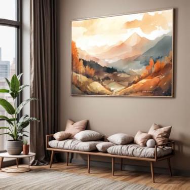 Imagem de Quadro com Moldura Sala Quarto Paisagem Montanhas Marrom e Bege Desenho Decorativo Horizontal Grande Hall