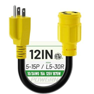 Imagem de POWGRN Cabo Adaptador De Gerador 15 A Para 30 Rv, 1 Pé (12"), Plugue Macho Nema 5-15, Fêmea L5-30, Alimentação Alta Resistência 3 Pinos, Bitola 10, 125 V 1875 W, Preto E Amarelo