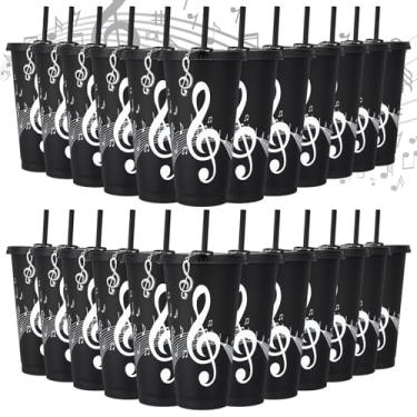 Imagem de Skylety Copos com tema musical para notas musicais a granel 680 g copo de plástico reutilizável com canudo e tampa chaveiro presentes para festa de amantes da música (preto, 24 conjuntos)