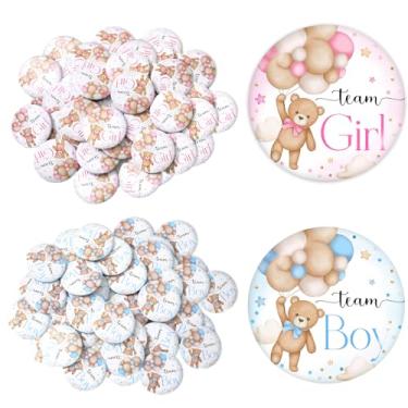 Imagem de FYSUIMU 50 peças de botão de revelação de gênero de balão de urso botão de equipe menina menino botão rosa azul bonito distintivo de metal para chá de bebê, lembrancinha de festa, suprimentos de jogos