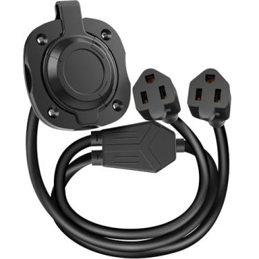 Imagem de WELLUCK Plugue de entrada de energia CA de 15 Amp 125 V com cabo de extensão duplo integrado de 18 polegadas, entrada flangeada NEMA 5-15 RV com cabo divisor Y à prova d'água e capa traseira, plugue de energia de 3 fios para barco