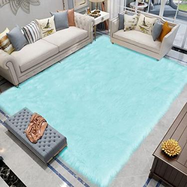 Imagem de Latepis Tapete azul claro 20 x 25 cm pele de carneiro sintética tapetes azul-petróleo para sala de estar quarto tapete felpudo fofo luxuoso decoração de casa
