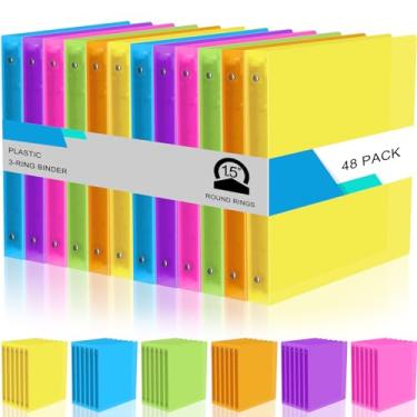 Imagem de Fulmoon Pacote com 48 fichários flexíveis de 3 anéis a granel, fichários de plástico com 2 bolsos, fichário de folhas soltas de capa dura para escola, escritório, casa, 6 cores (brilhante, 3,8 cm)