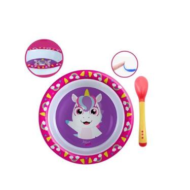 Imagem de Pratinho Fundo + Colher Silicone Kit Infantil Seguro - Arts, Unicornio
