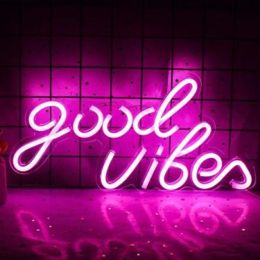 Imagem de Painel led Neon rosa Good Vibes- 35cm com fonte bivolt - NoBrand