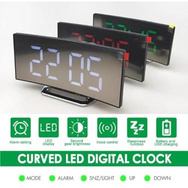 Imagem de Relógio Despertador Digital Espelhado Curvo LED, 12/24h, Alarme com Soneca, Data, Temperatura, Alimentação USB ou Pilha, Relógio de Mesa e Cabeceira Moderno