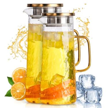 Imagem de Jarra de vidro de água com tampa de aço inoxidável, pacote com 2, 1,5 L - Jarro de vidro borossilicato, garrafa resistente ao calor com filtro, design vintage dourado