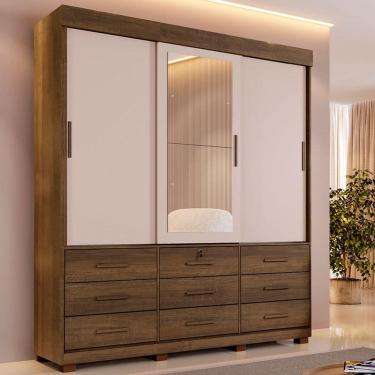 Imagem de Guarda-Roupa Casal Copenhague 3 Portas 9 Gavetas com Espelho Flex Imbuia/Off White - Pnr Móveis