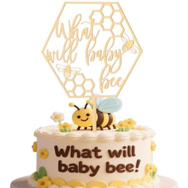 Imagem de What Will Baby Bee Cake Topper - Acrylic Baby Shower And Gender Reveal Decoration,Birthday And Newborn Celebrations (What Will Baby Bee Gold Cake Topper)