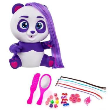 Imagem de Boneco Panda Cabelo Colorido Aplique e Acessórios p/ Pentear - Adijoma
