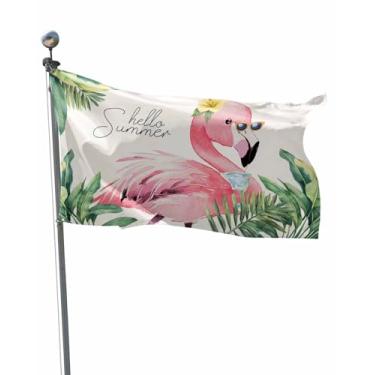 Imagem de Bandeira de flamingos para exterior 0,9 x 1,5 m, arte de folhas de palmeira de plantas tropicais de verão, resistente, impermeável, com costura dupla, faixa com dois ilhós