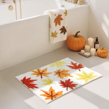 Imagem de Mocsicka Tapete de banho de outono folhas de bordo tapete de banheiro super macio absorvente tapete de banheiro antiderrapante tapete lavável à máquina tapete para banheiros 40 x 60 cm (laranja, 40 x
