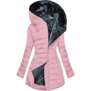 Imagem de Jaqueta De Inverno Para Mulheres Forrada De Lã Com Capuz Leve Acolchoado Parka Casaco Sherpa Espessado à Prova De Vento Com Capuz Casaco Acolchoado Quente Sobretudo De Lã, Pink A, 5XL
