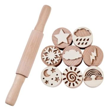 Imagem de NBEADS 8 carimbos de massa de brinquedo de madeira e rolo de massa, conjunto de ferramentas para massas de barro e projetos de bricolage