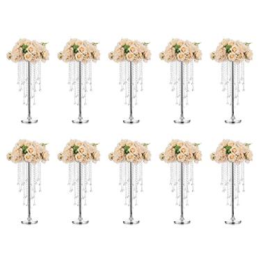 Imagem de Vasos de prata de casamento peças centrais para mesas - Vaso de flor de 55 cm de altura com cristal de lustre, decorações de mesa de centro, suporte de flor de metal para casamento, recepções, festa de aniversário, 10 peças