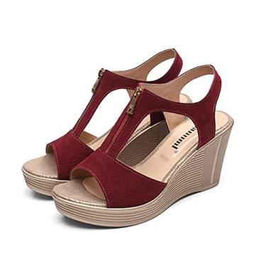 Imagem de Sandálias de cunha para mulheres verão, couro PU, respirável, moda, sandálias de zíper frontal boca de peixe, casual, confortável, sandálias femininas, para jeans(Red wine,35 EU)