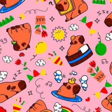 Imagem de TNT ESTNT Estampado 1,40M 40G Capivara Fundo Rosa Rolo com 25 Metros -