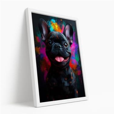 Imagem de Quadro Decorativo Bulldog Francês Preto Fundo Colorido Arte Moderna Estilo Pop Pet Fofo Divertido Criativo Com Moldura