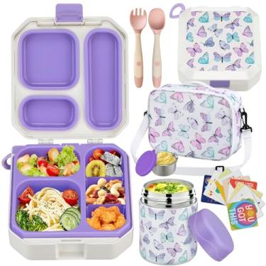 Imagem de wiwens Lancheira Bento para crianças com sopa térmica de 340 g à prova de vazamento, lancheira com 5 compartimentos, pote térmico de comida quente e lancheira isolada para crianças, meninas, meninos