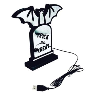 Imagem de Luz noturna de morcego de Halloween - Tombstone Bat Luz de Halloween com suporte, lâmpada decorativa alimentada por USB, enfeite de mesa para reuniões de família, jardim, quarto, sala de jogos