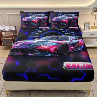 Imagem de AILONEN Jogo de lençol com elástico de carro de corrida colorido, tamanho Queen, azul, geométrico, esportes radicais, para meninos e crianças, lençol com elástico + 2 fronhas, 3 peças