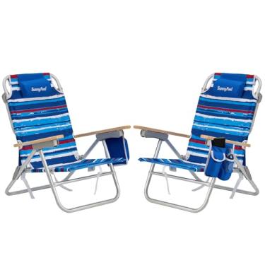 Imagem de SUNNYFEEL Cadeira de praia dobrável, cadeira de praia resistente de alumínio com 3 posições reclináveis, cadeira de acampamento portátil para adultos, encosto baixo, apoio de braço de madeira, leve