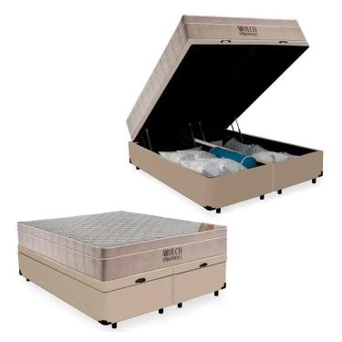 Imagem de Cama Box Baú Queen Bipartido Bege Colchão Molas Ensacadas Airtech Spring 158x198 - Ortobom