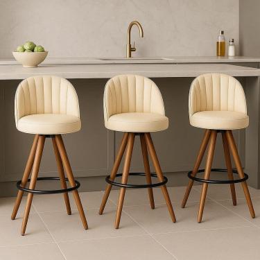 Imagem de Kit 3 Banquetas Lara Giratórias em Madeira CorMel com Courino Palha – Exclusiva