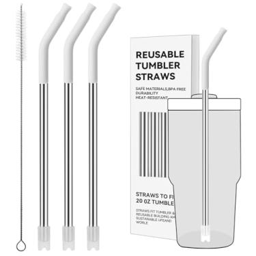 Imagem de Prurex Canudos de metal reutilizáveis com ponta de silicone para Stanley 590 ml, canudos de aço inoxidável para copo de 590 ml, 3 tubos retos e 6 pontas e 1 escova Cleanr (branco)