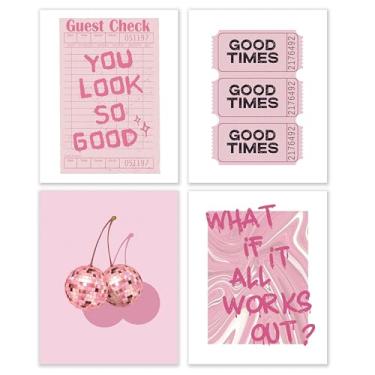 Imagem de BESERH Conjunto de 4 pôsteres rosa descolados modernos, preppy retrô Y2K Cherry Disco Ball Inspirational Pink Wall Art Prints for Room Dorm Aesthetic, Y2K Room Decor, 20 x 25 sem moldura