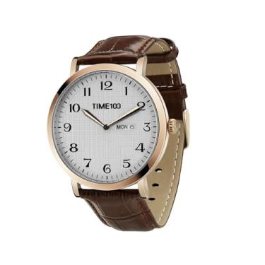 Imagem de TIME100 Relógio Masculino Minimalista, Pulseira de Couro Marrom, Mostrador com Data e Dia, Quartzo Japonês, À Prova d'Água, Estilo Casual