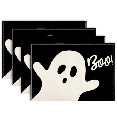 Imagem de JarThenaAMCS Jogo americano fantasma de Halloween preto fofo Ghost Boo tapetes de mesa 30,5 x 45,7 cm, tapetes de cozinha para festa em casa, decoração de mesa de jantar, conjunto de 4