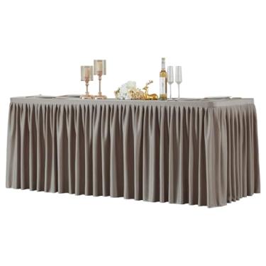 Imagem de Roupa de mesa de poliéster natural para mesas retangulares de 2,5 m, sem rugas, com saia de mesa plissada com babados para festa de aniversário, casamento, feira, evento