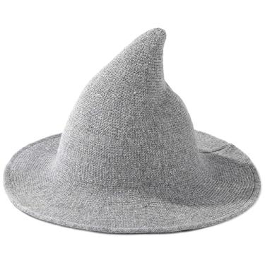 Imagem de Malaxlx Chapéu de bruxa cinza claro para mulheres – Chapéu de fantasia de cosplay de lã pontiagudo de malha para festas de outono