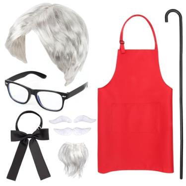 Imagem de Kyson Kit De Fantasia Chef Halloween Com 9 Peças - Peruca, Bigode Falso, Sobrancelhas, Óculos, Gravata Borboleta, Avental Vermelho, Bengala (Conjunto A Peças)