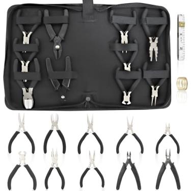 Imagem de Fesorsi Conjunto de 10 alicates de joias, conjunto de mini alicates, fabricação de joias inclui plano, ferramentas de joias, agulha, redondo, forro de dobra, aplicável a artesanato, fabricação de