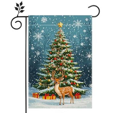 Imagem de Bandeira de jardim de floco de neve de rena de inverno para árvore de Natal externa bandeira de jardim de boas-vindas 30 x 45 cm serapilheira dupla face bandeira de casa de fazenda para decoração de