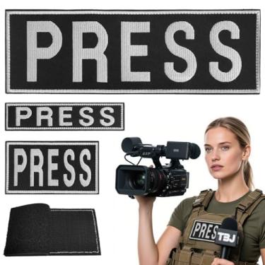 Imagem de JEFUZH Pacote com 3 adesivos de imprensa, emblemas bordados para mochilas, jaquetas, coletes de imprensa, colete de fotógrafo (preto)