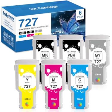 Imagem de Yongairuink Cartucho de tinta 727 300 ml compatível com impressoras DesignJet T920 T930 T1500 T1530 T2500 T2530 (pacote com 6, PBK, MBK, GY, CY, MG, YL)