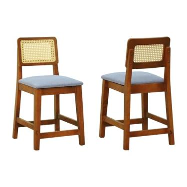 Imagem de Kit 2 Banquetas Baixa/Cadeira Gabi Madeira Maciça Encosto Telinha - Amêndoa - Assento Estof. Linho Cinza Mescla Impermeável