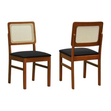 Imagem de Kit 2 Cadeiras Madeira Maciça Lyon Encosto Telinha Natural - Amêndoa - Assento Estofado Linho Preto Textura