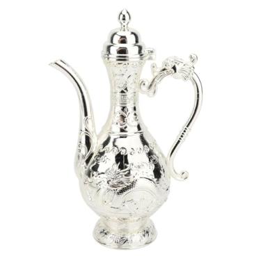 Imagem de Luqeeg Conjunto de Chá Turco Vintage, Bule de Metal Luxuoso e Requintado Artesanato Doméstico com 4 Xícaras de Café de Luxo e Bandeja de Chá Artesanal para Enfeites Domésticos (Prata)