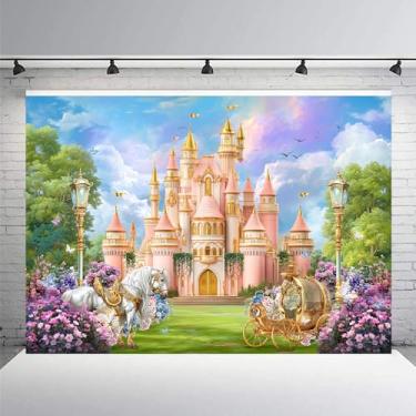 Imagem de Riyidecor Castelo de princesa pano de fundo tecido poliéster conto de fadas cavalo carruagem jardim floral 7Wx5H pés Wonderland fotografia fundo casamento aniversário foto estúdio sessão