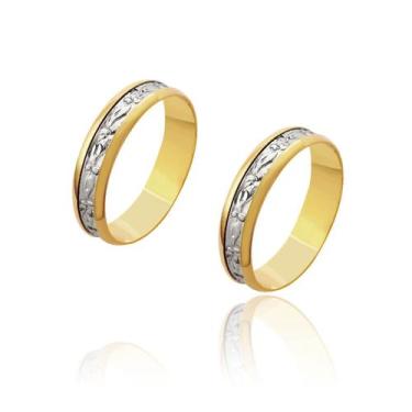 Imagem de Par de Alianças de Noivado Zeus Ouro Amarelo e Ouro Branco Central 5mm