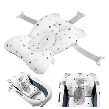 Imagem de Almofada de Banho para Bebê, Branco com Estrelas Azuis e Cinzas, Algodão Macio, Almofadado, Flutuante para Banheira