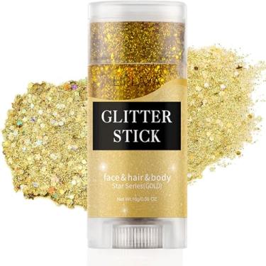 Imagem de Gireatick Pau de glitter de corpo de rosto dourado, bastão de glitter facial de sereia giratório, brilho grosso holográfico para rosto/corpo/cabelo/olho/lábio