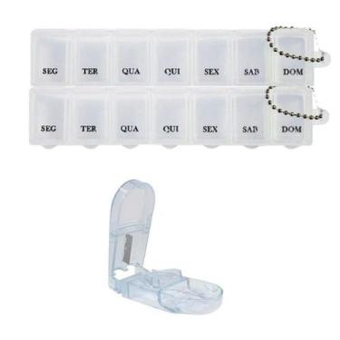 Imagem de Kit Porta Medicamento Remédio Semanal 14 Dias transparente + cortador 